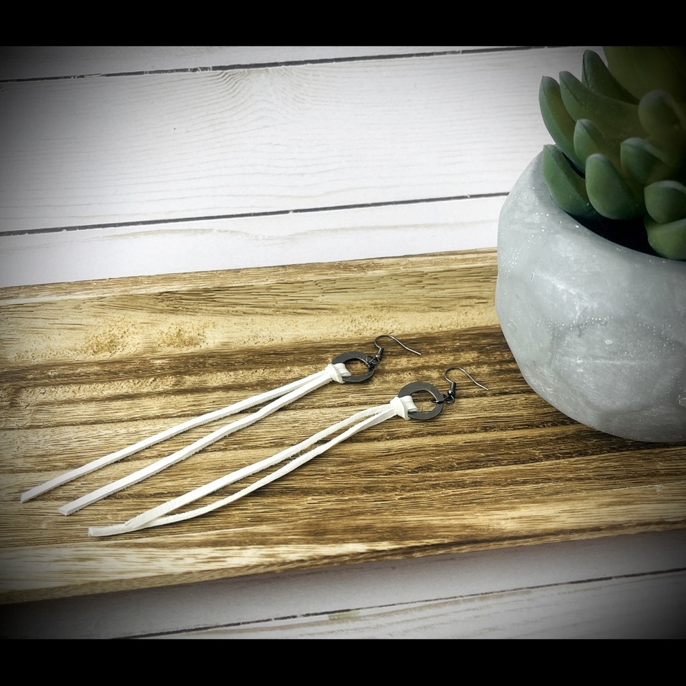 White leather fringe earrings